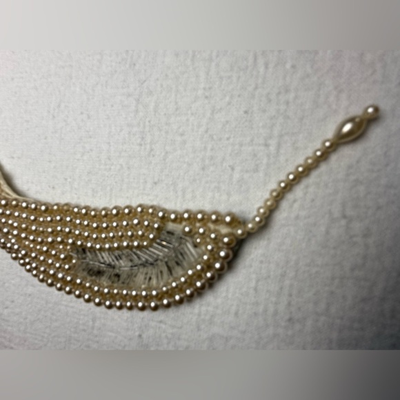 VTG Faux pearl collar necklace bugle bead leaf pattern satin back wedding formal - Picture 7 of 11